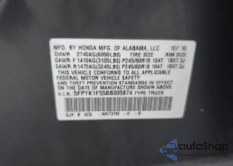 2011 Honda Ridgeline Rtl z USA, uszkodzony, nr VIN 5FPYK1F55BB005874